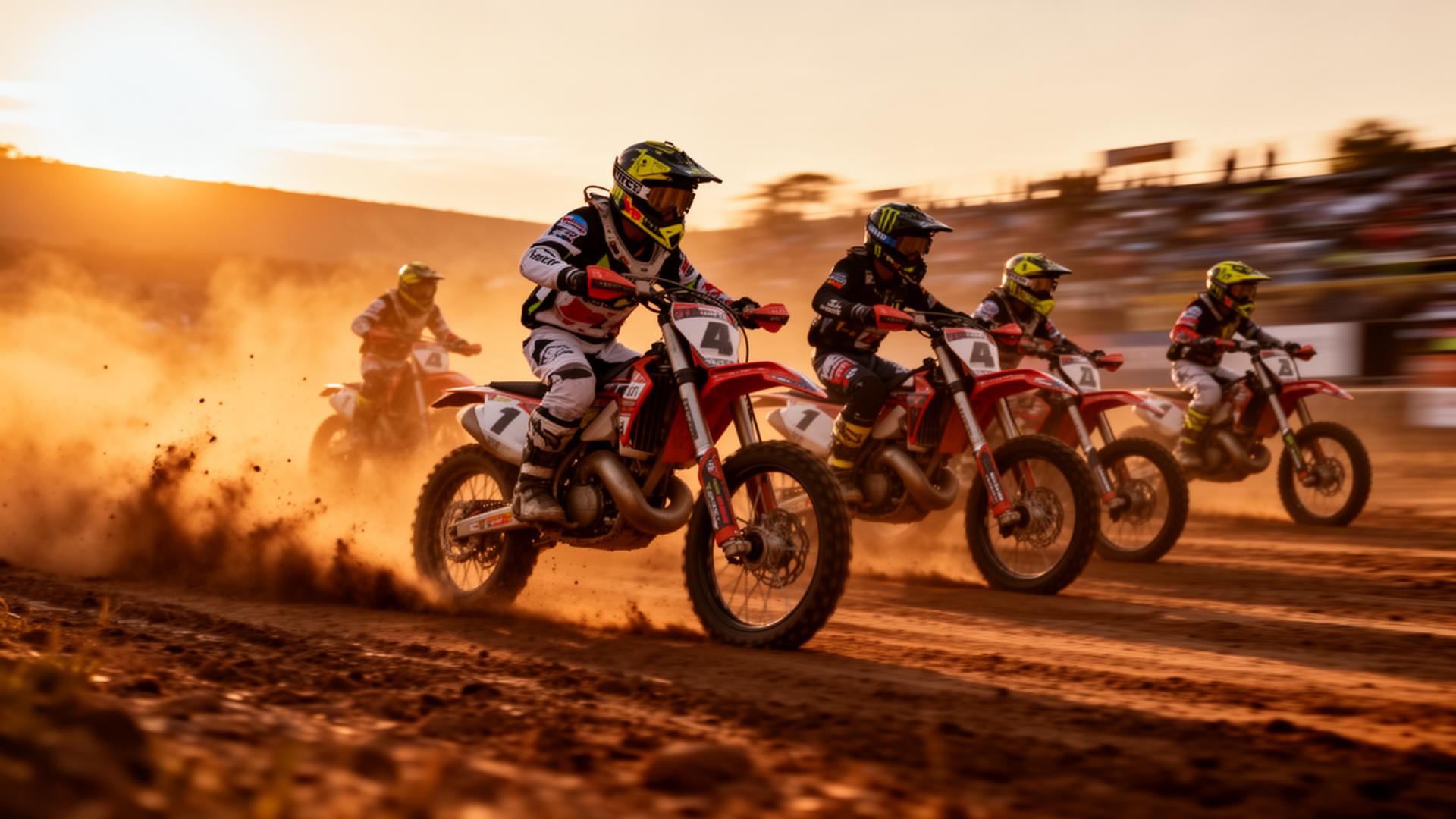 Off-road dirt bikes racing on dusty track action shot